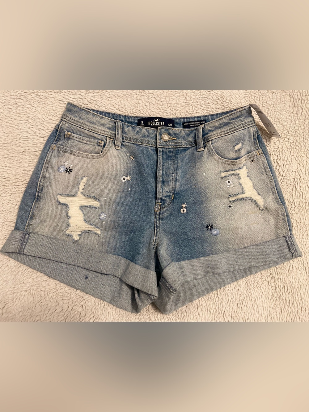 Hollister Light Blue Distressed Denim Shorts with Star Embroidery